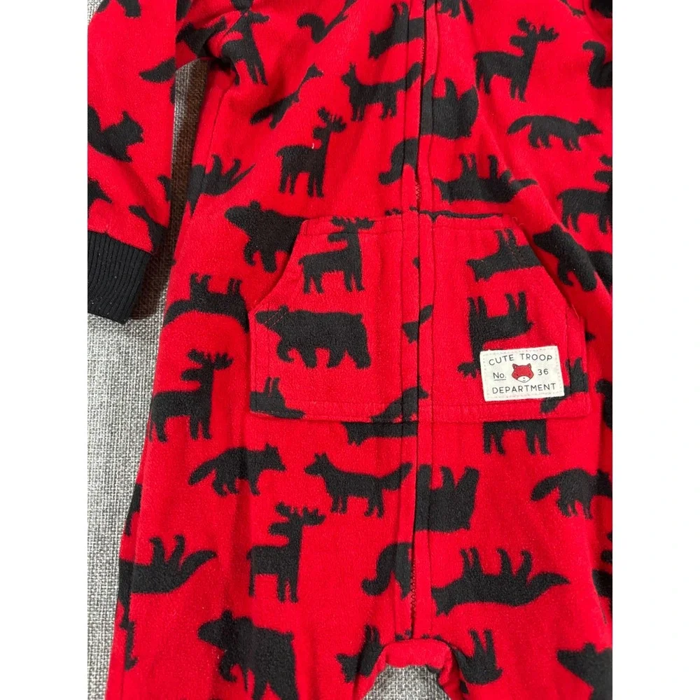 Carter's Kids Woodland Fleece Hooded Jumpsuit 18M Red Black Sherpa Bear Moose